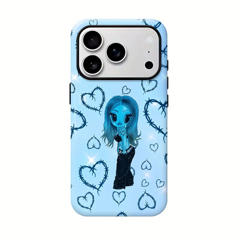 Aesthetic Blue Heart Phone Case - Cool Anime Girl Matte Shockproof Cover for Ultimate Protection