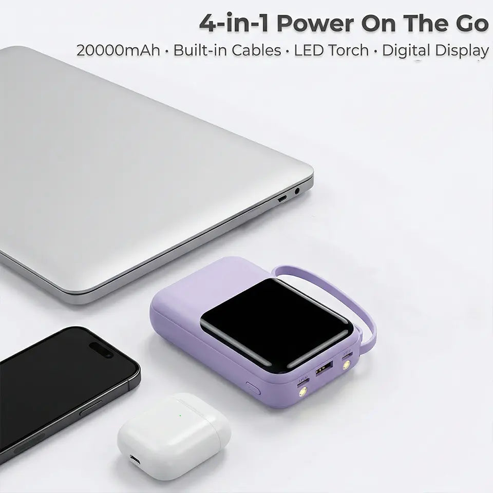 20000mAh Portable Power Bank with Retractable Cables, LED Display, Dual USB Output & Flashlight – Perfect Charger for iPhone, Android & More!