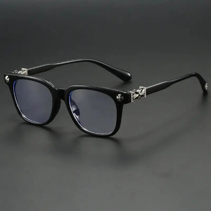 Trendy Unisex Blue Light Blocking Glasses - Stylish Black-Gold Metal Frame with Flat Lenses, Perfect for Daily Wear and Parties