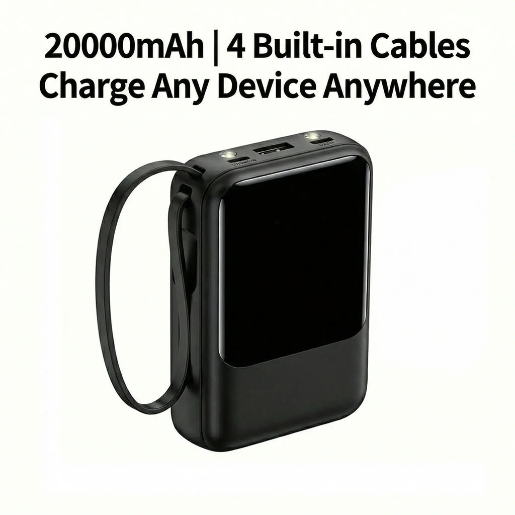 20000mAh Portable Power Bank with Retractable Cables, LED Display, Dual USB Output & Flashlight – Perfect Charger for iPhone, Android & More!