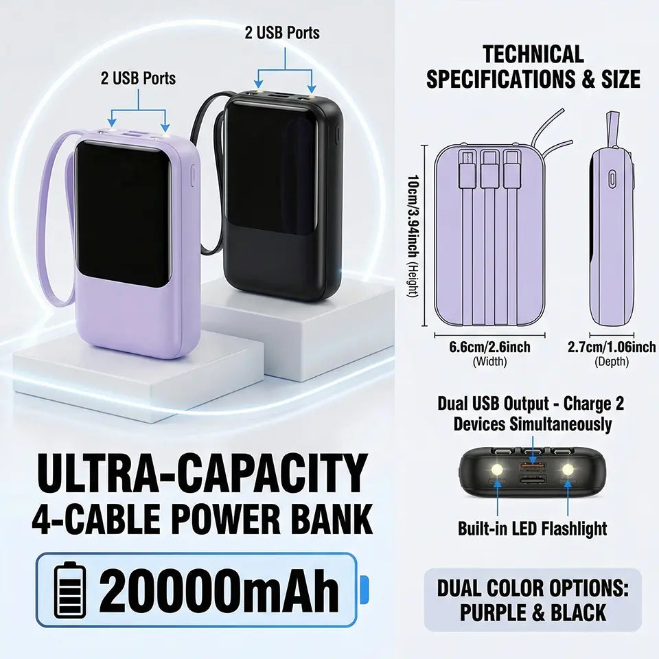 20000mAh Portable Power Bank with Retractable Cables, LED Display, Dual USB Output & Flashlight – Perfect Charger for iPhone, Android & More!