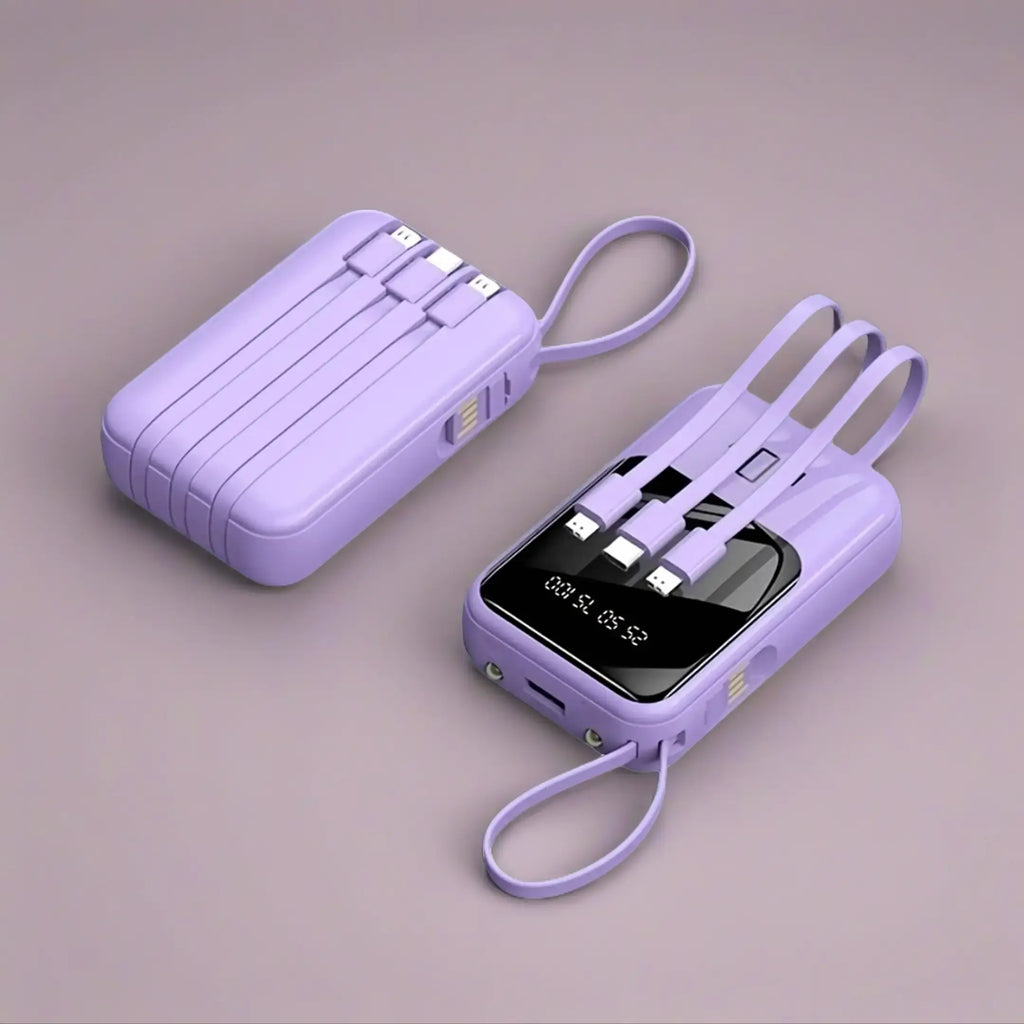 20000mAh Portable Power Bank with Retractable Cables, LED Display, Dual USB Output & Flashlight – Perfect Charger for iPhone, Android & More!