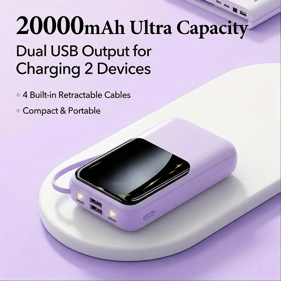 20000mAh Portable Power Bank with Retractable Cables, LED Display, Dual USB Output & Flashlight – Perfect Charger for iPhone, Android & More!