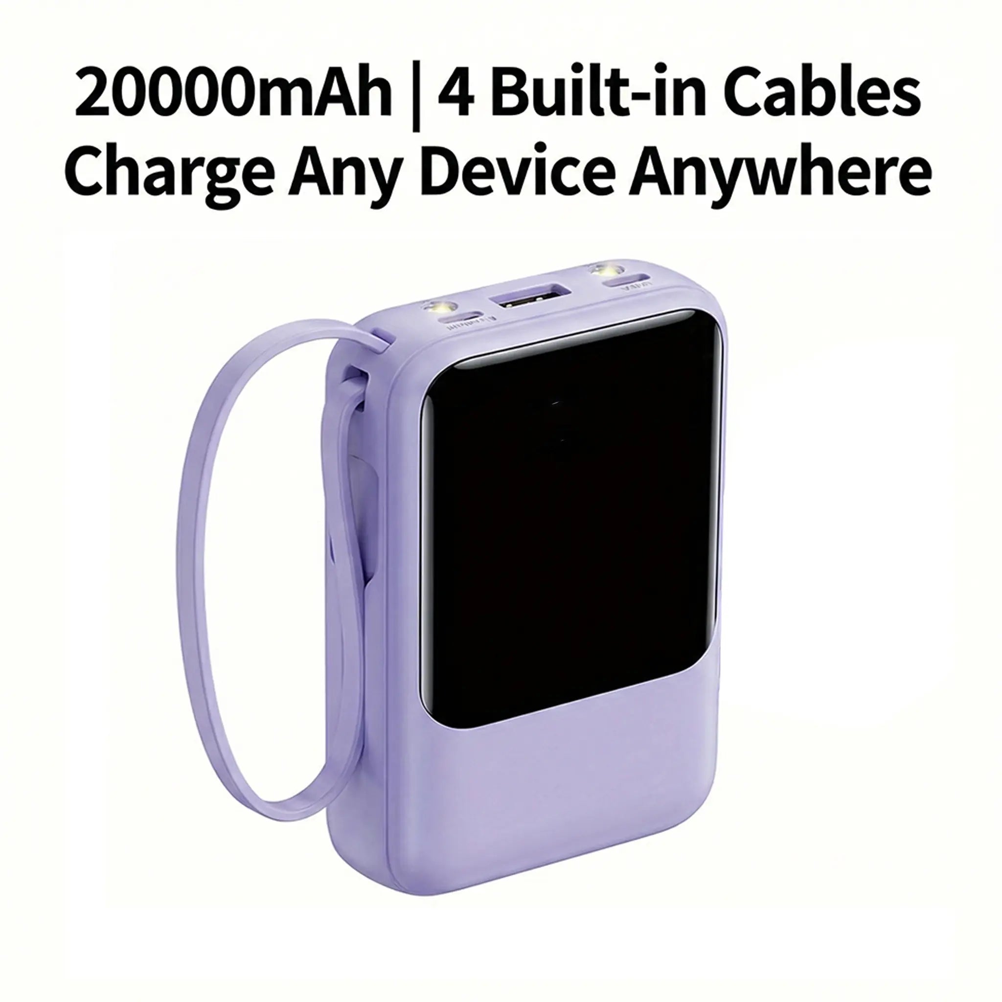 20000mAh Portable Power Bank with Retractable Cables, LED Display, Dual USB Output & Flashlight – Perfect Charger for iPhone, Android & More!