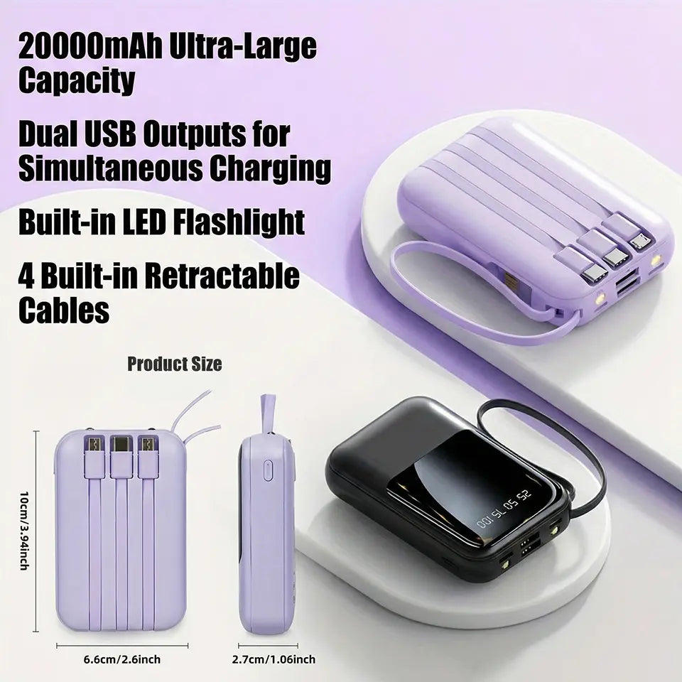 20000mAh Portable Power Bank with Retractable Cables, LED Display, Dual USB Output & Flashlight – Perfect Charger for iPhone, Android & More!