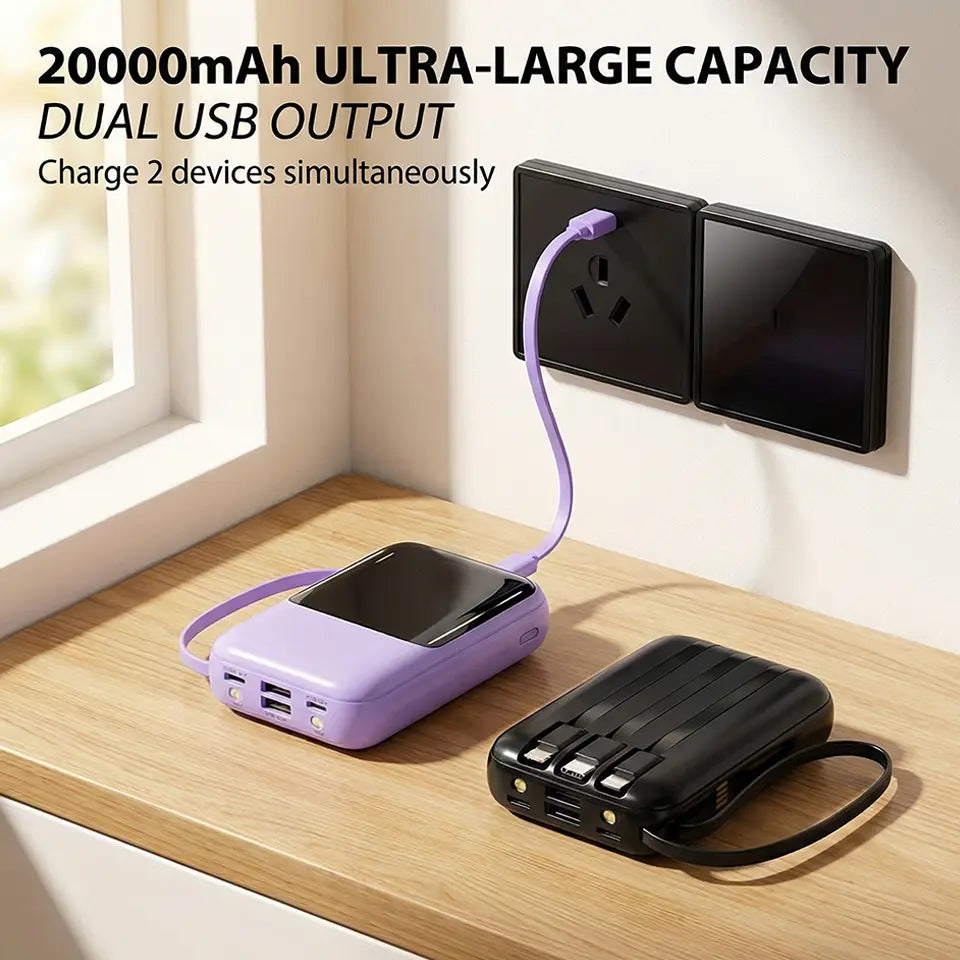 20000mAh Portable Power Bank with Retractable Cables, LED Display, Dual USB Output & Flashlight – Perfect Charger for iPhone, Android & More!