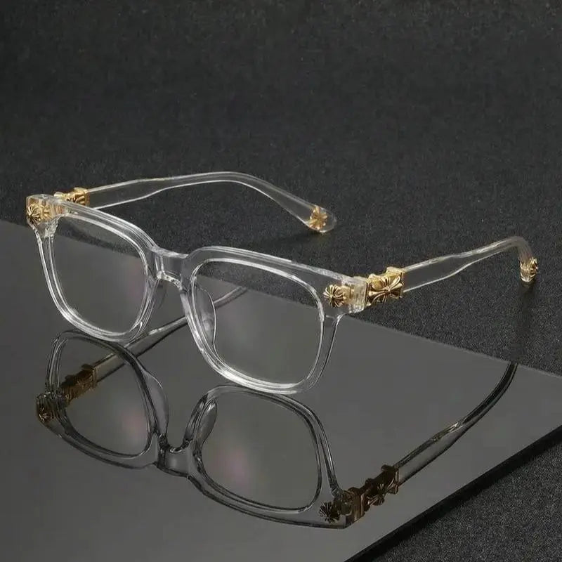 Trendy Unisex Blue Light Blocking Glasses - Stylish Black-Gold Metal Frame with Flat Lenses, Perfect for Daily Wear and Parties